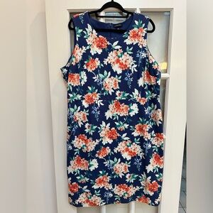 Lands' End Navy Coral Falling Flowers Hydrangea Floral Midi Dress Plus Size 20W